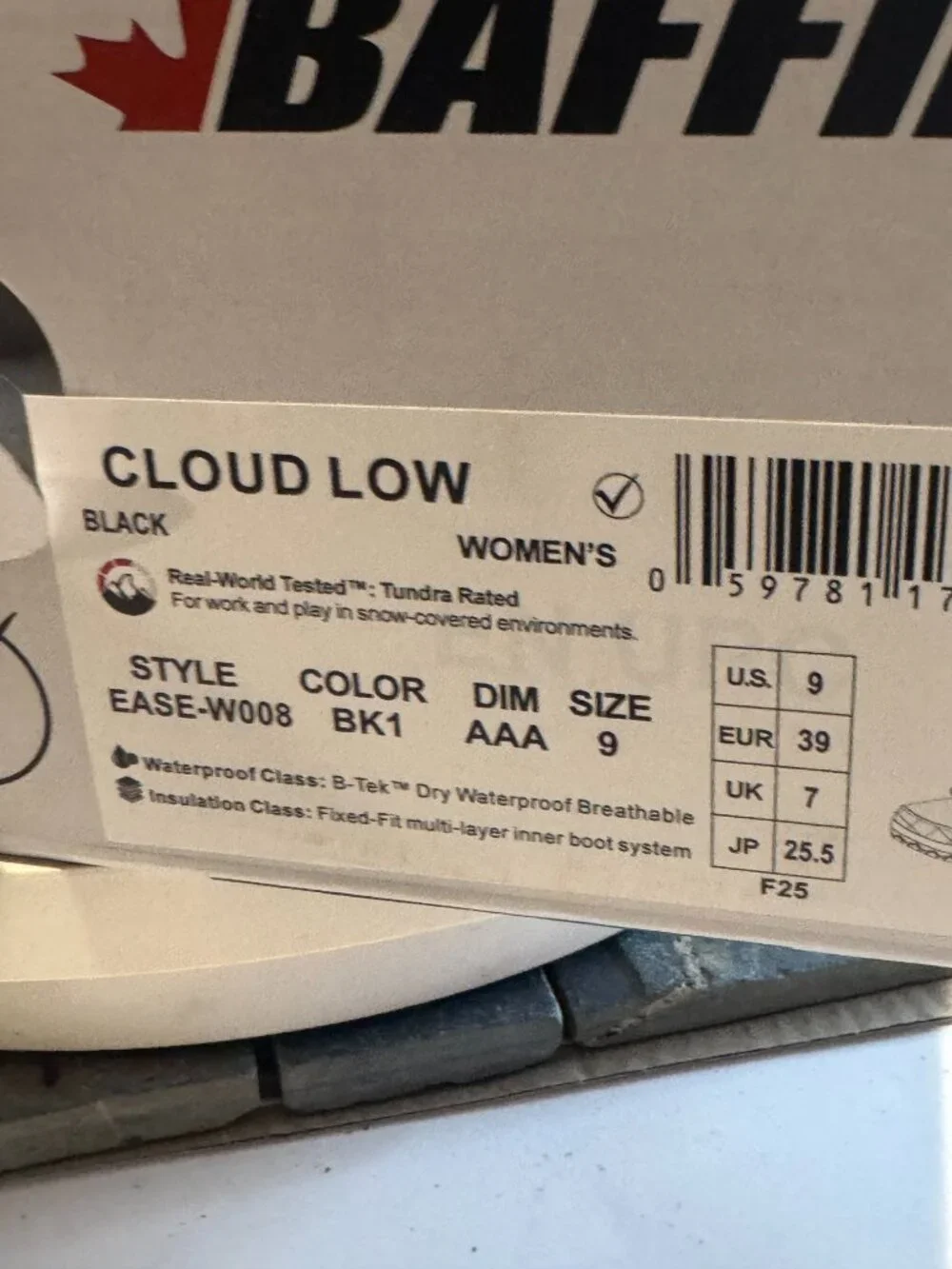 Baffin Cloud Low Winter Black Boot Size 9 NEW